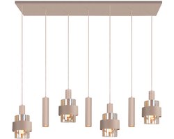 Moderne Hanglamp Marrone | 7 lichts balk 130 cm x 30 cm | zand / beige | glas amber / metaal | Ø 14 cm | in hoogte verstelbaar tot 160 cm | eetkamer / eettafel lamp | modern / sfeervol design | barlampje