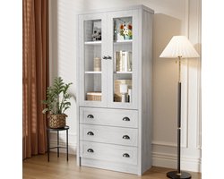 Moderne highboardkast 80x34x171 cm – houtlook met glazen deuren, 3 lades & koperen handgrepen – stijlvolle opbergruimte voor woonkamer, kantoor & hal