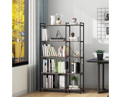Moderne Hoek Boekenkast met 5 Planken, Stijlvolle Open Rekken voor Woonkamer, Slaapkamer en Kantoor in Vintage Grijs met Metaal Frame
