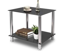 Moderne hoekbank bijzettafel met zwart glas en chromen poten - Salontafel bijzettafel - 2-laags zwart glazen nesttafels met chromen frame - Rechthoekige elegante salontafel met 1949 x 1795 x 1791 inch