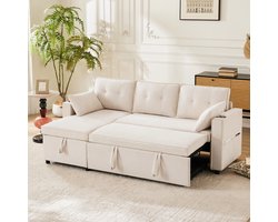 Moderne Hoekbank, L-Bank, 3-Zits Bank, Slaapbank Met Slaapfunctie, L-Vormige Bank, Modern Ontwerp, Gestoffeerd Meubel, Bank, Relaxfauteuil Met Opbergruimte, Met Bekerhouder, Woonkamer-Slaapbank, Beige