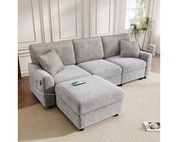 Moderne Hoekbank, L-Bank, 3-Zitsbank, Moderne Bank met 1 Voetenbankje, 2 Vierkante Kussens, 1 USB-poort en 1 Type-C-poort, (afmetingen: B223 × H84 × D146 cm)-Grijs