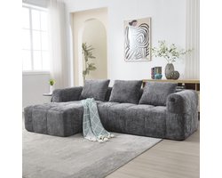 Moderne hoekbank, L-vormige bank, 3-zitsbank, geen installatie vereist, chenille bank met chaise longue en armleuningen, 3 kussens, zijvak voor afstandsbediening, grijs