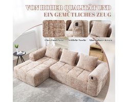 Moderne hoekbank, L-vormige bank, 3-zitsbank, geen installatie vereist, chenille bank met chaise longue en armleuningen, 3 kussens, zijvak voor afstandsbediening, kaki