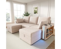 Moderne Hoekbank, U-Bank, 3-Zits bank, Modulaire U/L-Vormige Bank Met 2 Opbergpoefen, LED-Sfeerverlichting Via App En Afstandsbediening, Bekerhouders, USB/Type-C-Aansluiting, Armleuningplank, Grote Lades, Kussens, Voor De Woonkamer - Beige