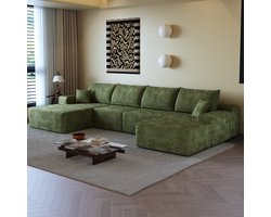 Moderne Hoekbank, U-Bank, 4-Zits bank, 340 cm Lange Modulaire Hoekbank Zonder Frame Met L-Vormige Chaise Longue, Moderne Modulaire Bank Met Diepe Zitting, Geen Montage Nodig, Compressiebank Voor Woonkamer, Slaapkamer, Appartement-Groente