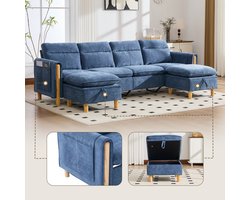 Moderne Hoekbank, U-Bank, 4-Zits bank, Grote U-Vormige Sofaset Met Twee Opbergpoefen; Modulaire Vierzitsbank Met Houten Tafelpoten; Comfortabele Stoffen Bank, Ideaal Voor De Woonkamer En Familiekamer-blauw