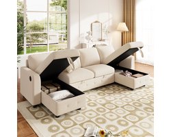 Moderne Hoekbank, U-Bank, 4-Zits bank, Moderne U-Vormige Chenillebank Met Slaapfunctie, Slaapbank Met 2 Opbergruimtes In De Chaise Longue, Uitschuifbare Slaapbank Met 1X USB- En 1X Type-C-Oplaadpoort, Inclusief 2 Kussens, 260×128×82 cm - Beige