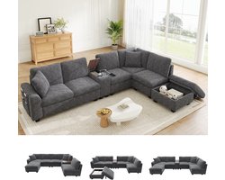 Moderne Hoekbank, U-Bank, 4-Zits bank, Modulaire U-/L-Vormige Hoekbank, 6 Zitplaatsen, Met Opbergpoef, Verplaatsbare Middenconsole Met 2 Bekerhouders, USB/Type-C-Poort, Verborgen Vakken En Armleuningzakken, Corduroy Stof - Grijs