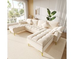 Moderne Hoekbank, U-Bank, 4-Zits bank, U-Vormige Hoekbank, Modulair Ontwerp Voor 4 Personen Met Wolkachtig Design En Dubbellaagse Schuimkussens, Inclusief 2 Chaise Longues, 2 Kussens, Gouden Metalen Poten, Chenille Bekleding, Beige