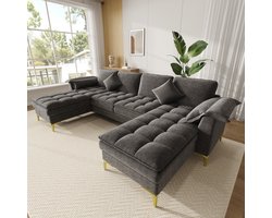 Moderne Hoekbank, U-Bank, 4-Zits bank, U-Vormige Hoekbank, Modulair Ontwerp Voor 4 Personen Met Wolkachtig Design En Dubbellaagse Schuimkussens, Inclusief 2 Chaise Longues, 2 Kussens, Gouden Metalen Poten, Chenille Bekleding, Grijs