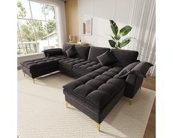 Moderne Hoekbank, U-Bank, 4-Zits bank, U-Vormige Hoekbank, Modulair Ontwerp Voor 4 Personen Met Wolkachtig Design En Dubbellaagse Schuimkussens, Inclusief 2 Chaise Longues, 2 Kussens, Gouden Metalen Poten, Chenille Bekleding, Zwart