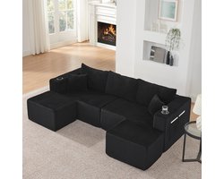 Moderne Hoekbank, U-Bank, 4-Zitsbank, Modulaire Hoekbank Met 3 Zitplaatsen, Compacte L-Vormige Bank Met Verplaatsbare Voetenbankjes, Zachte Corduroy Stof, Bekerhouder, Zijvak En Kussens, Geschikt Voor Woonkamers, Hotels En Huurappartementen,Zwart