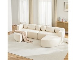 Moderne Hoekbank, U-Bank, 4-Zitsbank, Modulaire Slaapbank met Slaapfunctie, Volledig Gecomprimeerde Wolkenbank, Chenille, Geen Montage, B292 x D165x H68 cm-Beige