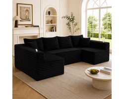 Moderne Hoekbank, U-Bank, 4-Zitsbank, U-vormige Corduroy Bank met Bekerhouders en Zijvakken, Verende Vulling, 4 Rugkussens en 2 Sierkussens, Ergonomisch Ontworpen voor Comfortabel Langdurig Zitten-Zwart