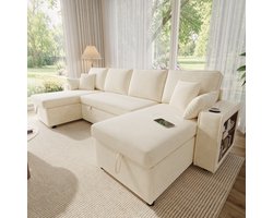 Moderne Hoekbank, U-Bank, 4-Zitsbank, U-vormige Hoekbank met Slaapfunctie, Uitschuifbaar Slaapbank, Geïntegreerde Opbergruimte, Dubbele Chaise Longue met Verborgen Opbergruimte, Bekerhouder, USB-oplaadpoort en Armleuningplank- Beige