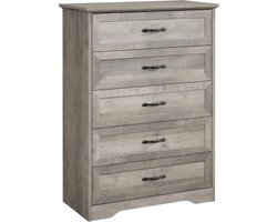 Moderne Hoge Commode met 5 Laden - Luxe Ladekast Grijs met Eiken Look - Kast met Messing Handgrepen - Opbergkast voor Slaapkamer, Woonkamer & Kinderkamer