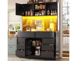 Moderne hoge kast 120x40x183,5 cm - keukenwandkast met LED-verlichting - 8 lades - magnetische sluiting - verstelbare planken - zwart