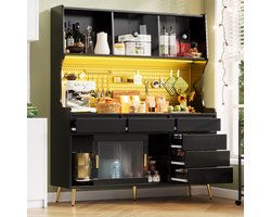 Moderne hoge kast 145x39x171 cm - met LED-verlichting en app-bediening - kast met lades - met opbergplanken en perforatieplaat - zwart