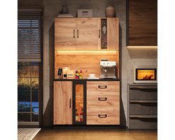 Moderne Hoge Keukenkast 105x40x180 cm - Zwart en Houtlook - LED Verlichting - Verstelbare Legplanken - Met 3 Laden - Met Glazen Deuren - Zwart Werkblad - USB en EU-Stopcontact