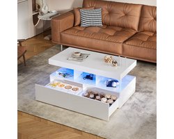 Moderne hoogglans salontafel met ledverlichting en 2 lades - Stijlvolle bijzettafel van 104 x 53 x 46 cm met opbergruimte, rechthoekige salontafel, moderne woonkamertafel, wit, salontafel voor de woonkamer