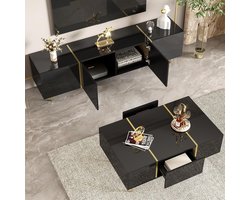 Moderne Hoogglans Zwarte TV-Meubel en Salontafel Set met Gouden Accenten 170x35x46 cm – Luxe Opbergmeubel met Soft-Close Deuren en Lades