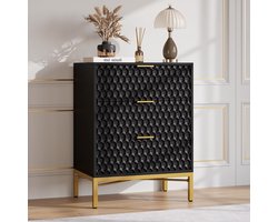 Moderne houten kast met 3 lades – Opbergkast met honingraatpatroon en ruim, breed bovenblad – Stabiel, multifunctioneel wit nachtkastje – voor slaapkamer, woonkamer en kinderkamer – 80×60×40 cm – Zwart