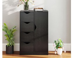 Moderne Houten Opbergkast met 1 Kast en 4 Laden – Compacte Dressoir voor Woonkamer, Keuken, Hal en Eetkamer – Zwarte Storage Cabinet 54 x 29 x 83 cm – Robuust, Functioneel en Stijlvol