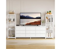 Moderne industriële tv-kast – voor een tv van 75 inch – 6 lades met zwarte stoffen bekleding – 4 open opbergplanken – stevig metalen frame – tv-meubel – wit