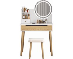 Moderne kaptafel met LED-spiegel en kruk, make-uptafel met 2 lades en 3 instelbare verlichtingsstanden voor de slaapkamer
