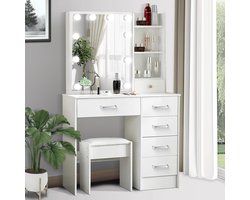 Moderne Kaptafel met Verlichting en Spiegel - Make-uptafel met 4 Laden en 7 Planken - Wit - 90 x 40 x 140 cm make up tafel
