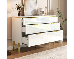 Moderne kast met zes lades - wit en goud - hoogglanspanelen - grote opslagcapaciteit - geschikt voor woonkamer - eetkamer en hal