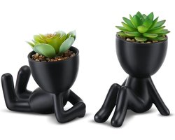 Moderne Keramische Bloempotjes 2 Stuks Zwart - Mini Succulent Potten in Mensvorm - Decoratieve Plantenpotjes voor Bureau, Kantoor en Badkamer, Zonder Plant