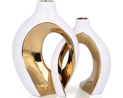 Moderne keramische vazen set van 2 – Minimalistische Scandinavische decoratie in wit en goud voor kamerdecoratie
