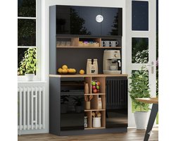 Moderne Keuken Buffetkast – Hoge Opbergkast met 3 Zones, Verstelbare Planken & Grote Werkruimte – Antraciet/Hoogglans Zwart – Metalen Handgrepen & Kantelbeveiliging – 105x45x185 cm – Novihome
