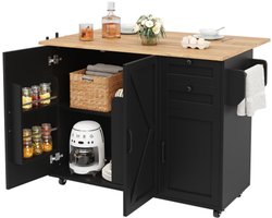 Moderne keuken-eiland, keukenkast, buffetkast, eetwagen met houten structuur, buffetkast, multifunctionele eettafel met opbergruimte, eetwagen met snackplanken, zwart