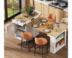 Moderne Keukenbuffet & Eiland met Uittrekbare Tafel en Stopcontacten – Multifunctionele Bartafel met Glazen Deuren, Laden & Opbergruimte – Verstelbare Eettafel 80×71~111~151×92cm – Wit – Novihome