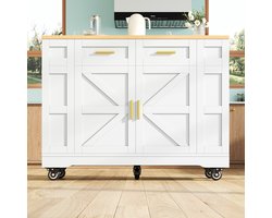 Moderne keukeneiland, keukenkast, buffetkast, servicemeubel met houtnerf, buffetkast, multifunctionele eettafel met opbergruimte, servicemeubel met uitschuifbare functiekasten, wit