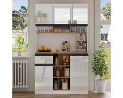 moderne keukenkast, 105x45x185 cm, buffetkast, dressoir, hoogglans deuren, metalen handgrepen, verstelbare planken, lades, open opbergruimte, anti-kantelvoorziening, geschikt voor keuken, eetkamer en woonkamer - witte