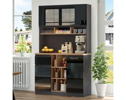 moderne keukenkast, 105x45x185 cm, buffetkast, dressoir, hoogglans deuren, metalen handgrepen, verstelbare planken, lades, open opbergruimte, anti-kantelvoorziening, geschikt voor keuken, eetkamer en woonkamer - Zwart