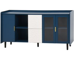 Moderne keukenkast, 55-inch koffiebarkast met 2 lades, 2 open planken en 2 glazen deuren, houten buffetkast voor keuken en woonkamer, blauw