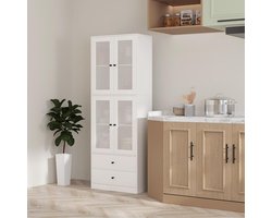 Moderne Keukenkast Vitrinekast met Werkblad, 2 Lades en 4 Glazen Deuren, Hoge Buffetkast met Verstelbare Planken, Anti-Kantel Bescherming, Wit, 59 x 30 x 170 cm