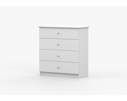 Moderne kinderkamercommode met 4 laden, veel opbergruimte & duurzaam – dressoir woonkamer, commode slaapkamer, kast highboard - Commode Fizzy – Wit + Handgrepen Roze
