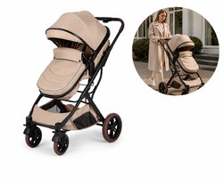 Moderne Kinderwagen - 2 in 1 Kinderwagen - Meegroei Kinderwagen Taupe - Inclusief Boodschappenmand & Zonnekap - Comfortabel & Veilig -