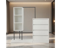 Moderne Kledingkast met 4 Laden en Kledingstang – Multifunctionele Opbergkast / Sideboard Dressoir 140x40x135 cm – Wit Zwart Metaal Hout – Mobili Bella