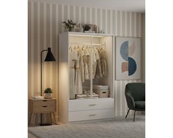 Moderne Kledingkast met LED Verlichting en Glazen Deuren – Draaideurkast met 2 Laden en Kledingstang – House&Garden