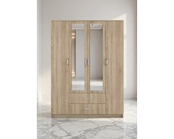 Moderne Kledingkast met Spiegel – Grote Draaideurkast 160 cm Breed – Laden, Planken en Kledingstang – Opbergkast Slaapkamer – Sonoma Hout – Robuust en Duurzaam House&Garden