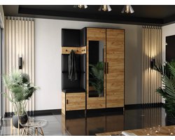 Moderne Kledingkast met Zitting Roj13 - Hoogwaardige Gelamineerde Spaanplaat Kast met Gestoffeerd Paneel en Uitschuifbare Kapstok - Eiken Craft Gold + Eco-leer Zwart, 158x205x39 cm