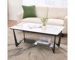 Moderne Koffietafel met Marmerlook - Vierkante Middentafel met Metalen Poten en Glazen Plank