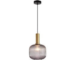 Moderne Kroonluchter, Grijze Glazen Hanglamp met Gouden Koperen Details